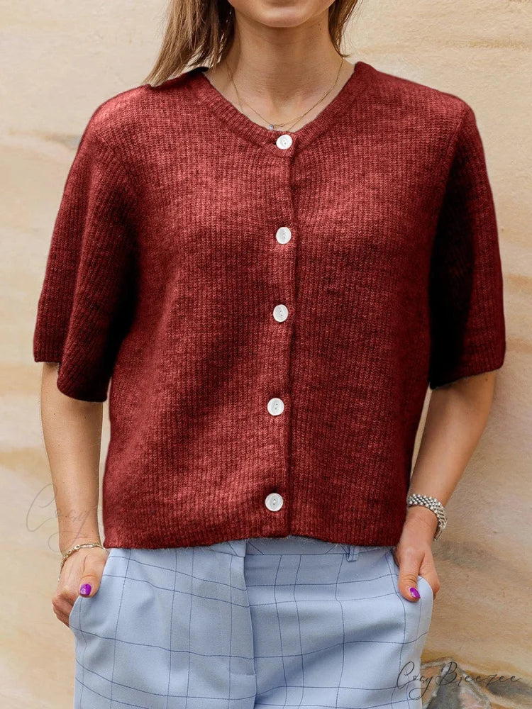 Short Sleeve Round Neck Button-Down Cardigan wine red / S cardigans-241228