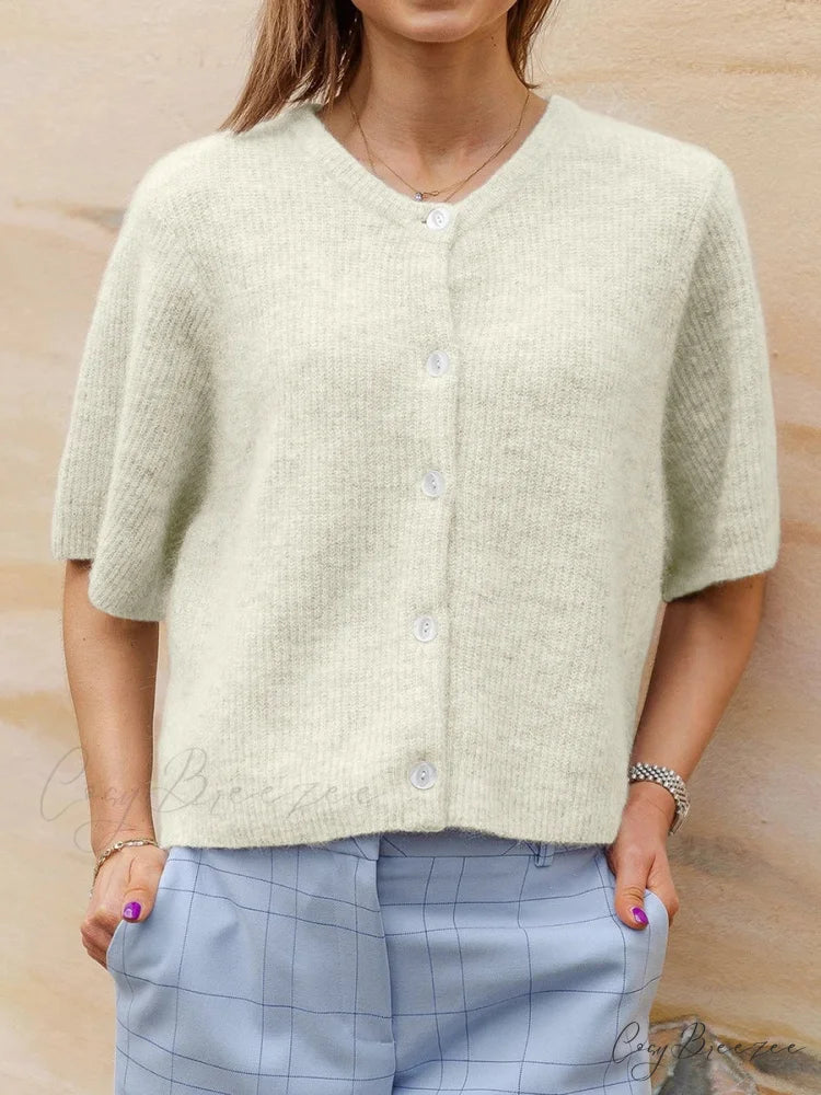 Short Sleeve Round Neck Button-Down Cardigan yellow / S cardigans-241228