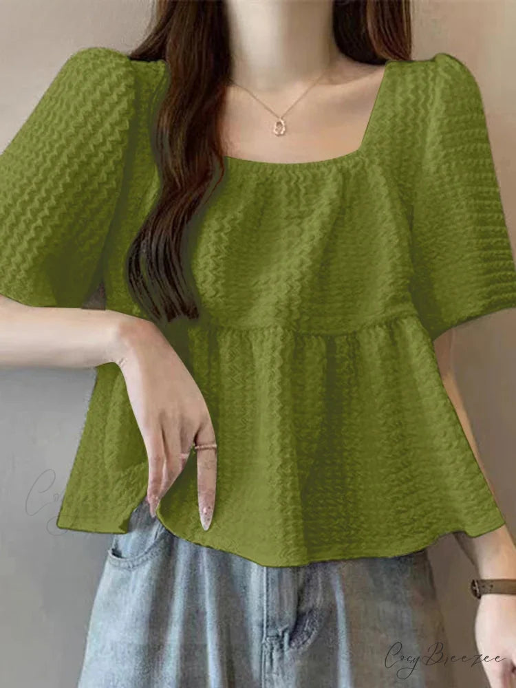 Short Sleeve Textured Pleated Summery Blouse Green / S blouse-250126