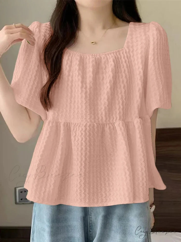 Short Sleeve Textured Pleated Summery Blouse Pink / S blouse-250126