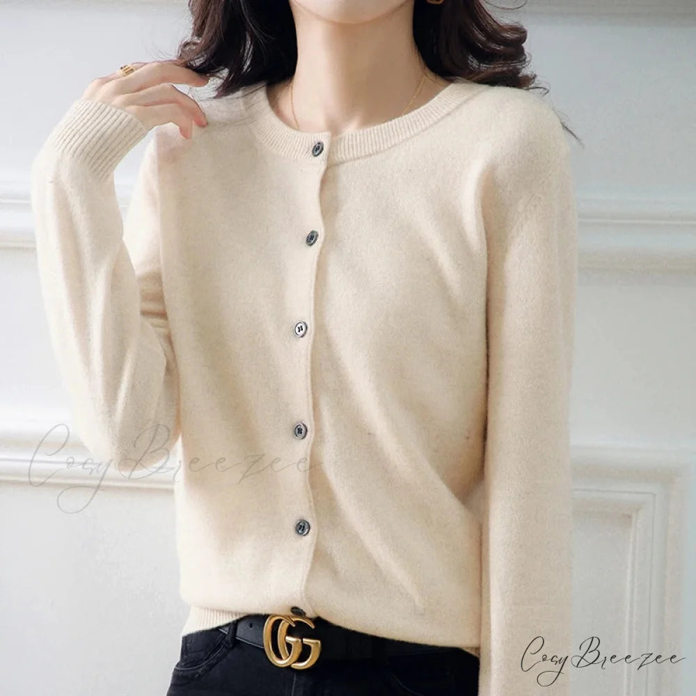 Short Slim O-Neck Single Breasted Gold Camel Knit Cardigan Beige / S cardiagn-250126