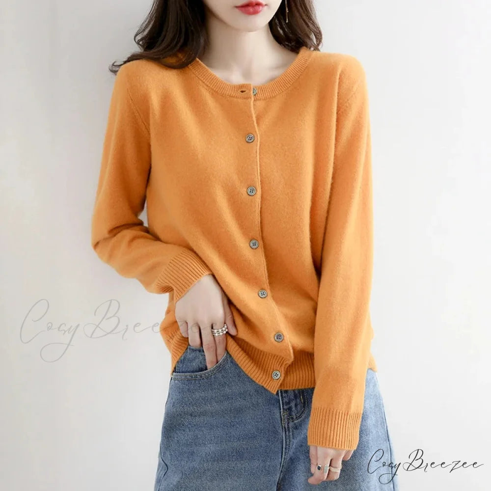 Short Slim O-Neck Single Breasted Gold Camel Knit Cardigan Ginger Yellow / S cardiagn-250126