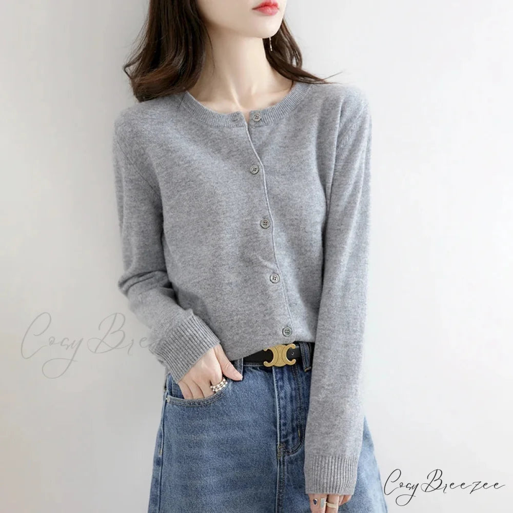 Short Slim O-Neck Single Breasted Gold Camel Knit Cardigan GRAY / S cardiagn-250126