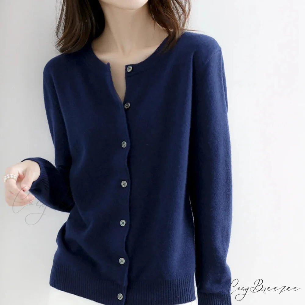 Short Slim O-Neck Single Breasted Gold Camel Knit Cardigan Navy Blue / S cardiagn-250126