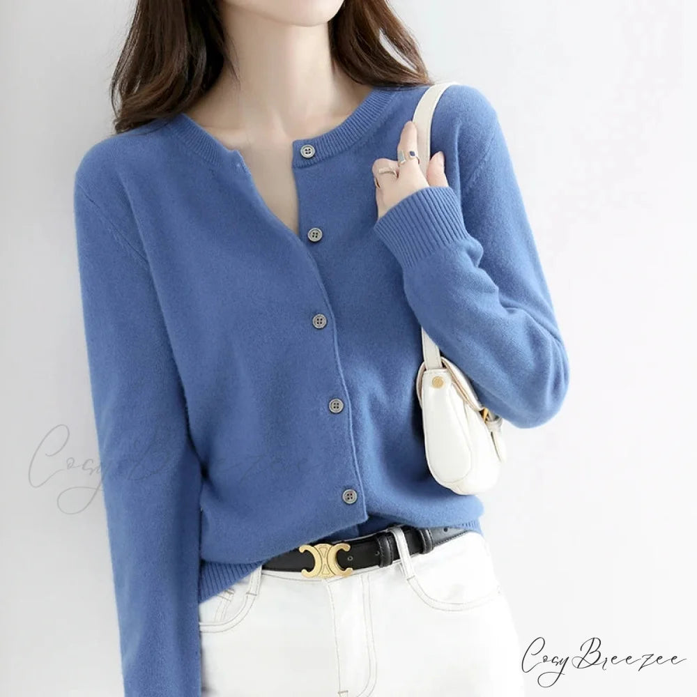 Short Slim O-Neck Single Breasted Gold Camel Knit Cardigan ROYAL BLUE / S cardiagn-250126