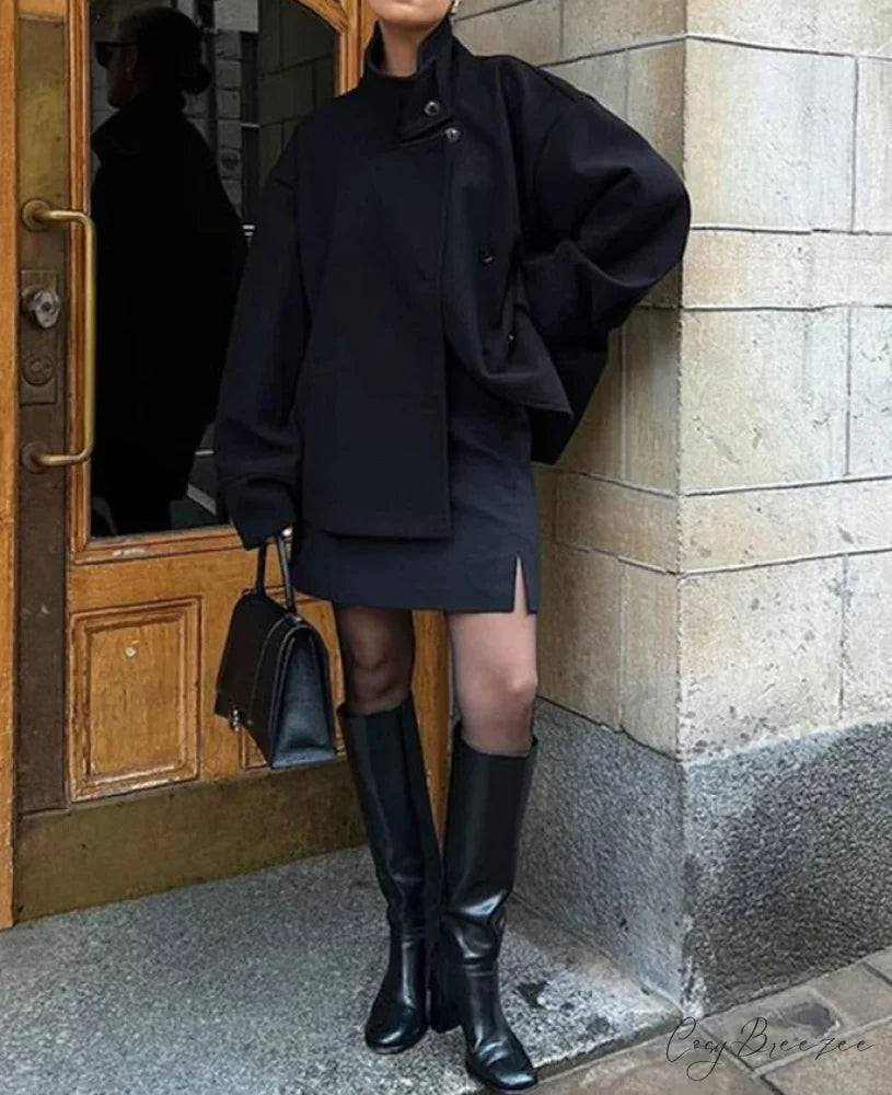Short Woolen Relaxed Lapel Coat Black / S overcoats-241228