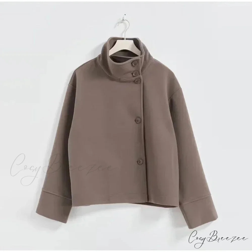 Short Woolen Relaxed Lapel Coat Coffee / S overcoats-241228