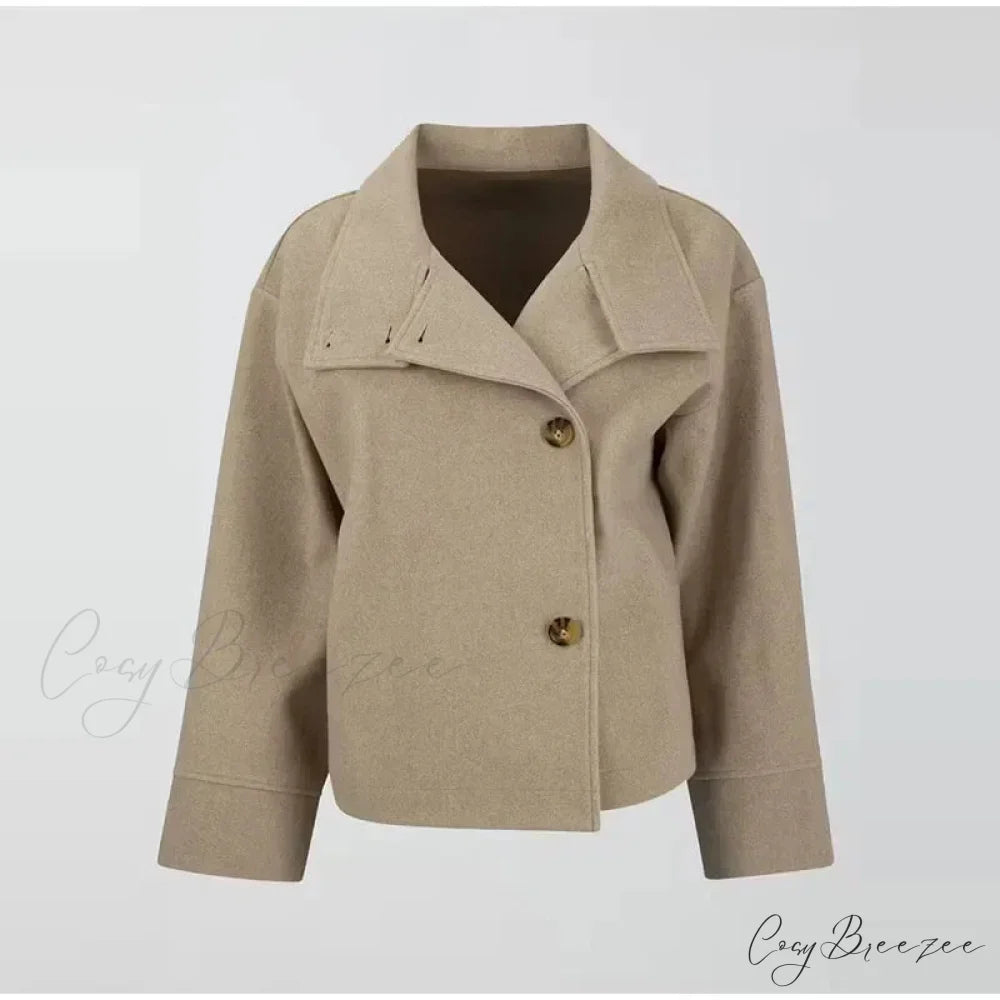 Short Woolen Relaxed Lapel Coat Khaki / S overcoats-241228