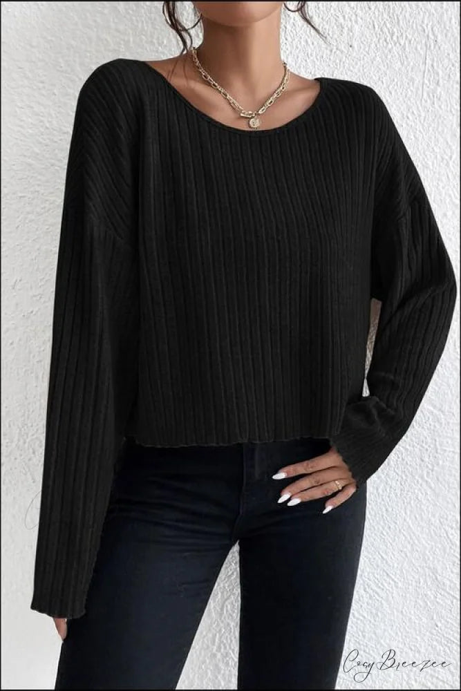Shoulder Round Ribbed Neck Arm Long Drop Shirt