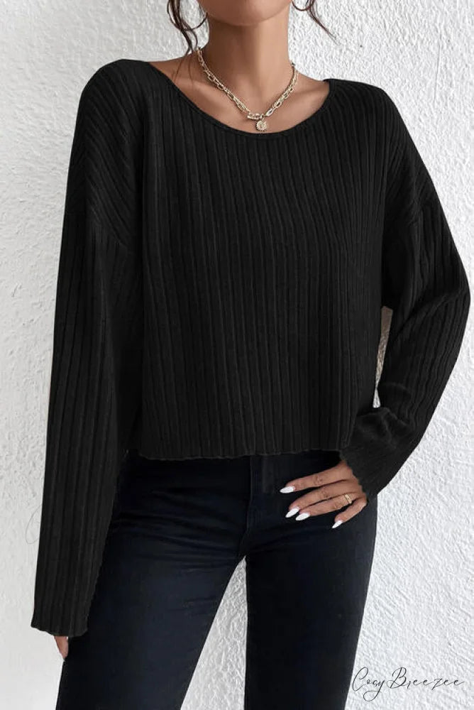 Shoulder Round Ribbed Neck Arm Long Drop Shirt Black / S