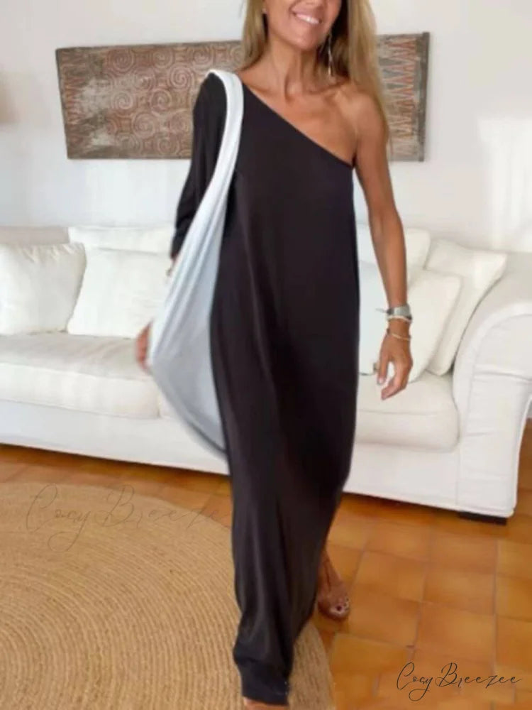Side One Shoulder Charming Statement Maxi Dress Black / S