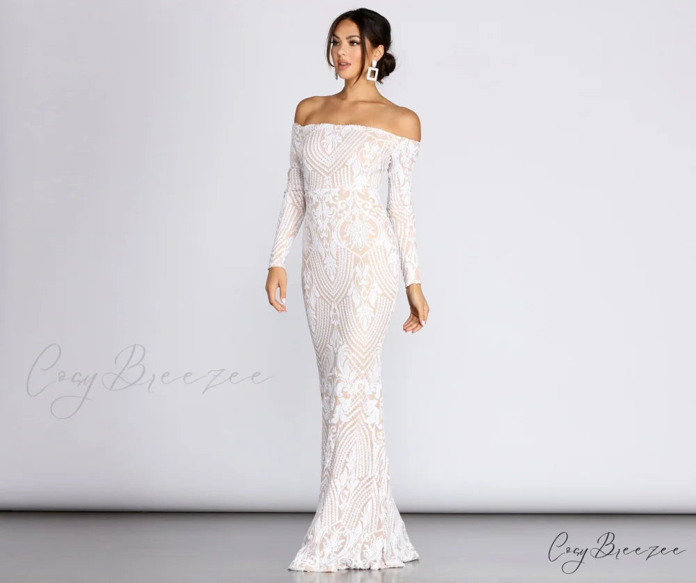 Sierra Sequin Off Charming The Shoulder Formal Dress