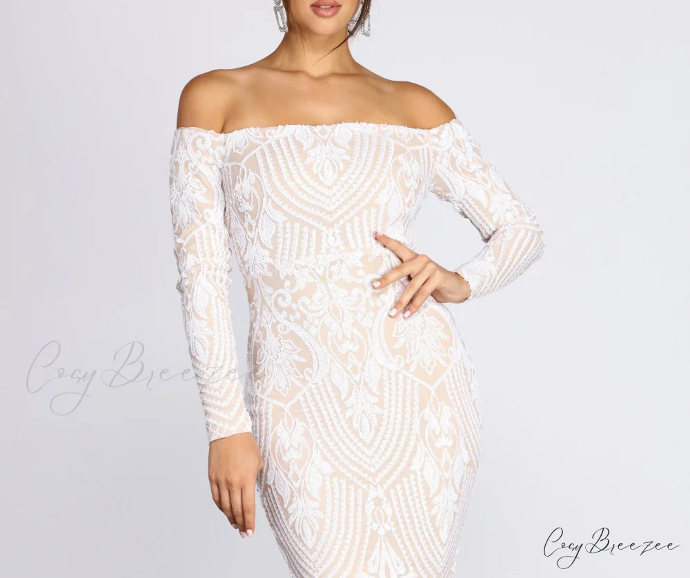 Sierra Sequin Off Charming The Shoulder Formal Dress
