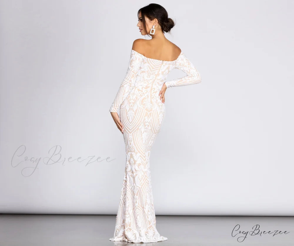 Sierra Sequin Off Charming The Shoulder Formal Dress