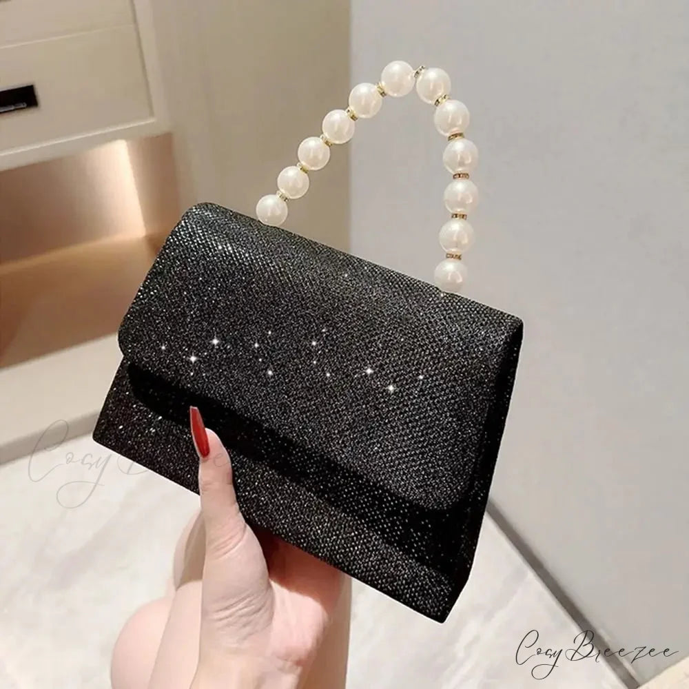 Silk Evening Clutch Gold Pearl Chain Bag Black clutchbag-250126