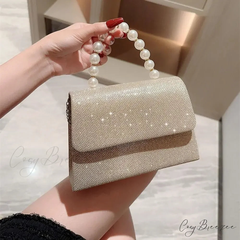 Silk Evening Clutch Gold Pearl Chain Bag Gold clutchbag-250126
