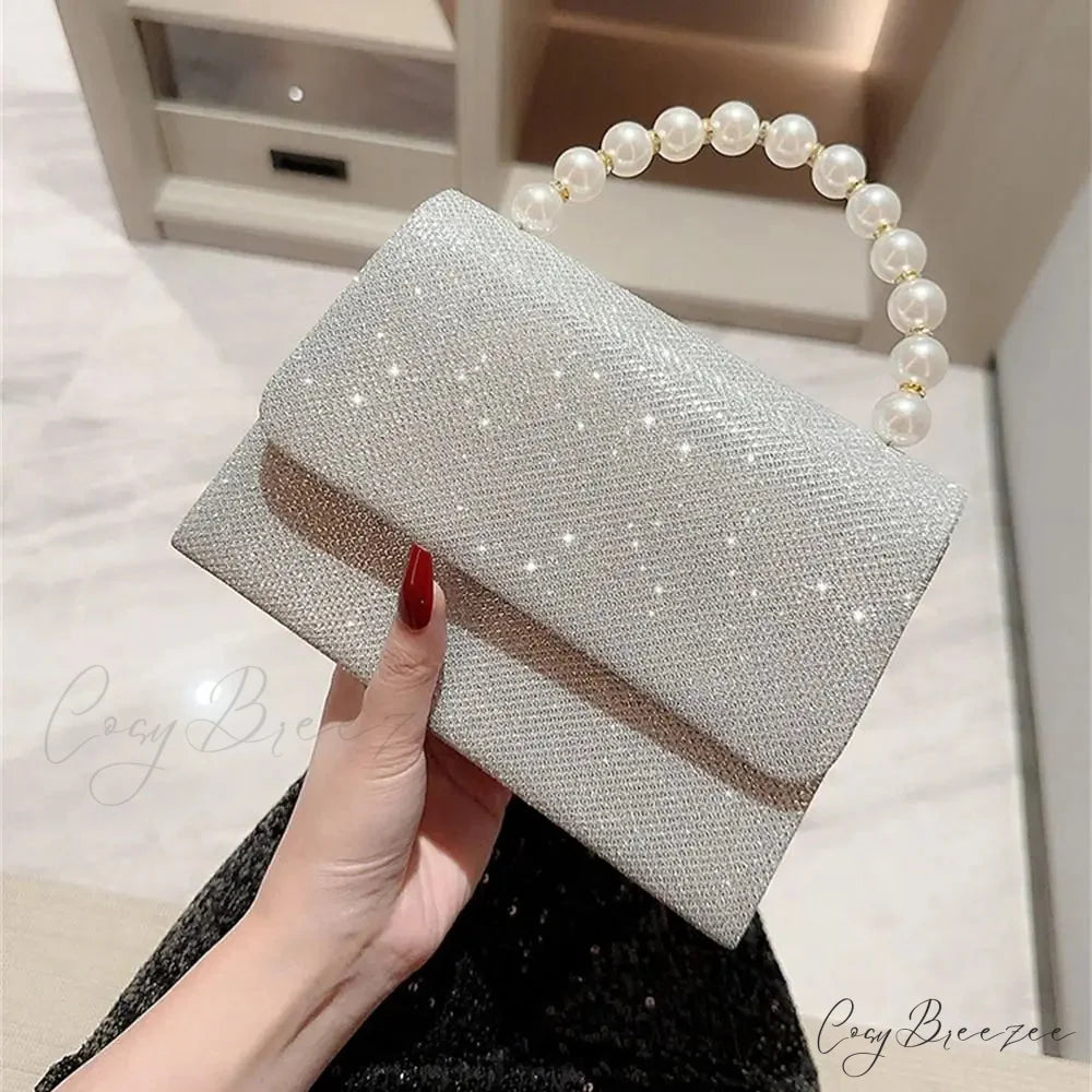 Silk Evening Clutch Gold Pearl Chain Bag silver clutchbag-250126