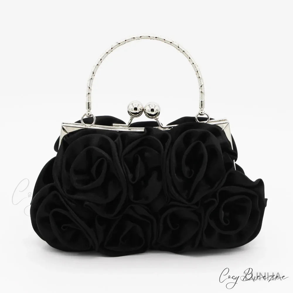 Silk Rose Flower Frame Dinner Clutch Bag Black clutchbag-250126