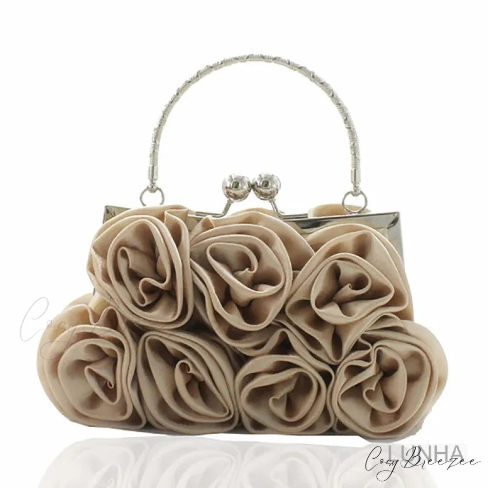 Silk Rose Flower Frame Dinner Clutch Bag Champagne clutchbag-250126