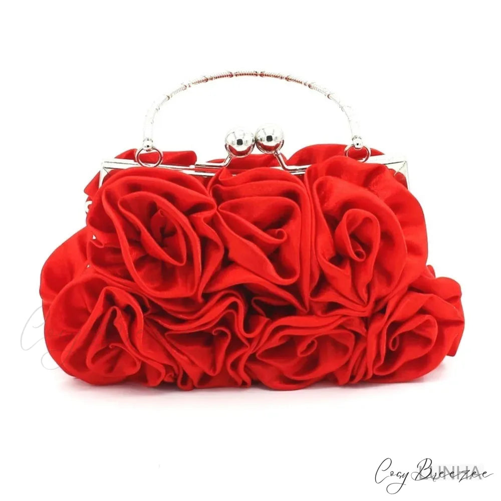 Silk Rose Flower Frame Dinner Clutch Bag Red clutchbag-250126
