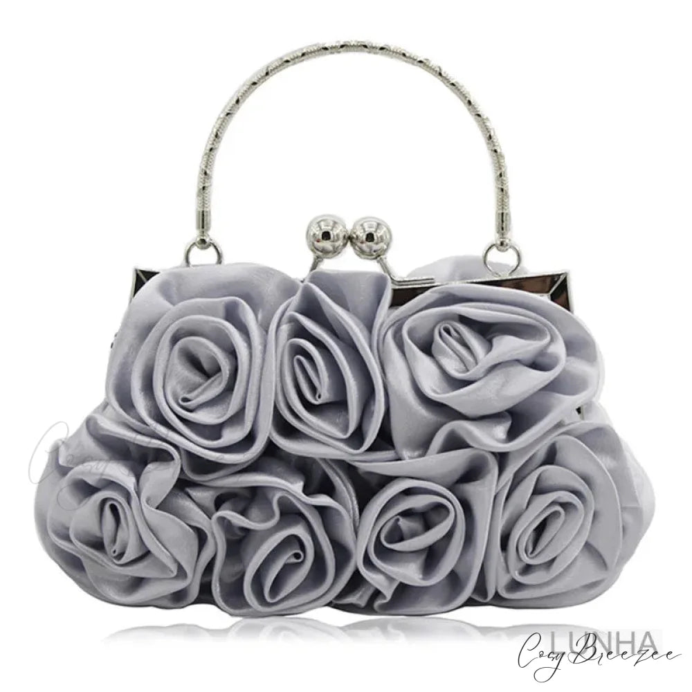 Silk Rose Flower Frame Dinner Clutch Bag Silver clutchbag-250126
