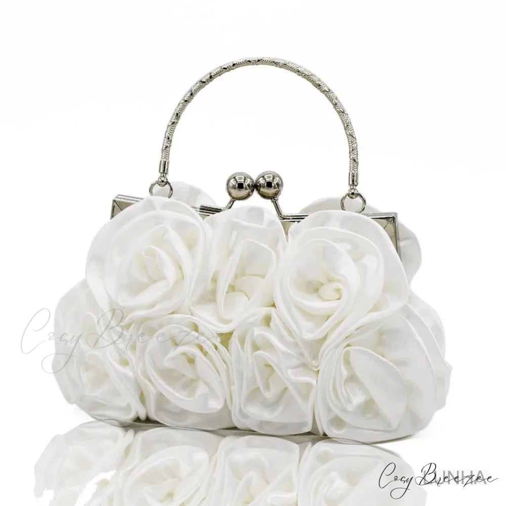 Silk Rose Flower Frame Dinner Clutch Bag WHITE clutchbag-250126