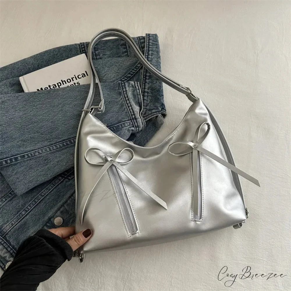 Silver Bow PU Leather Shoulder Bag Silver shoulder-250126