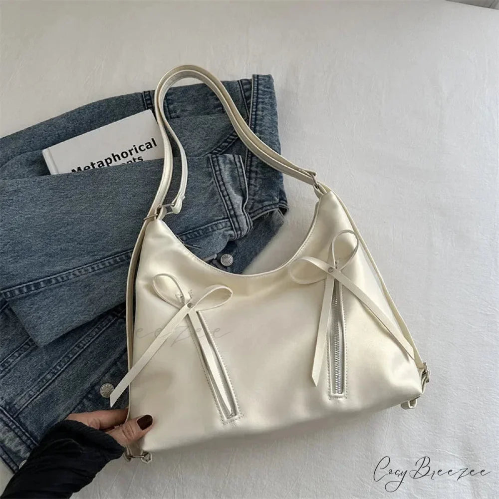 Silver Bow PU Leather Shoulder Bag Beige shoulder-250126
