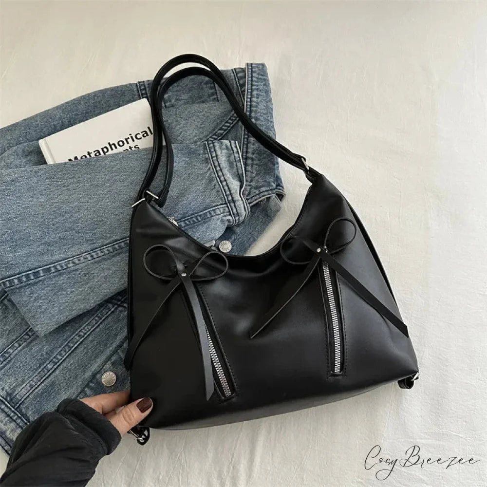 Silver Bow PU Leather Shoulder Bag Black shoulder-250126