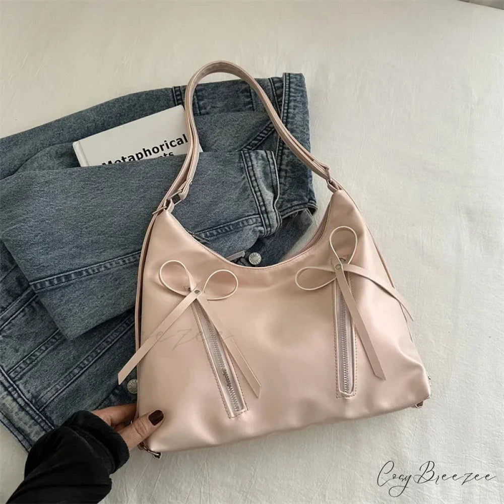 Silver Bow PU Leather Shoulder Bag Pink shoulder-250126