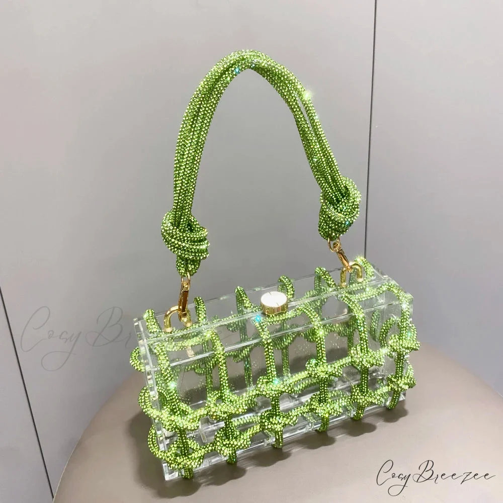 Silver Rhinestone Handmade Evening Clutch Bag Green clutchbag-250126
