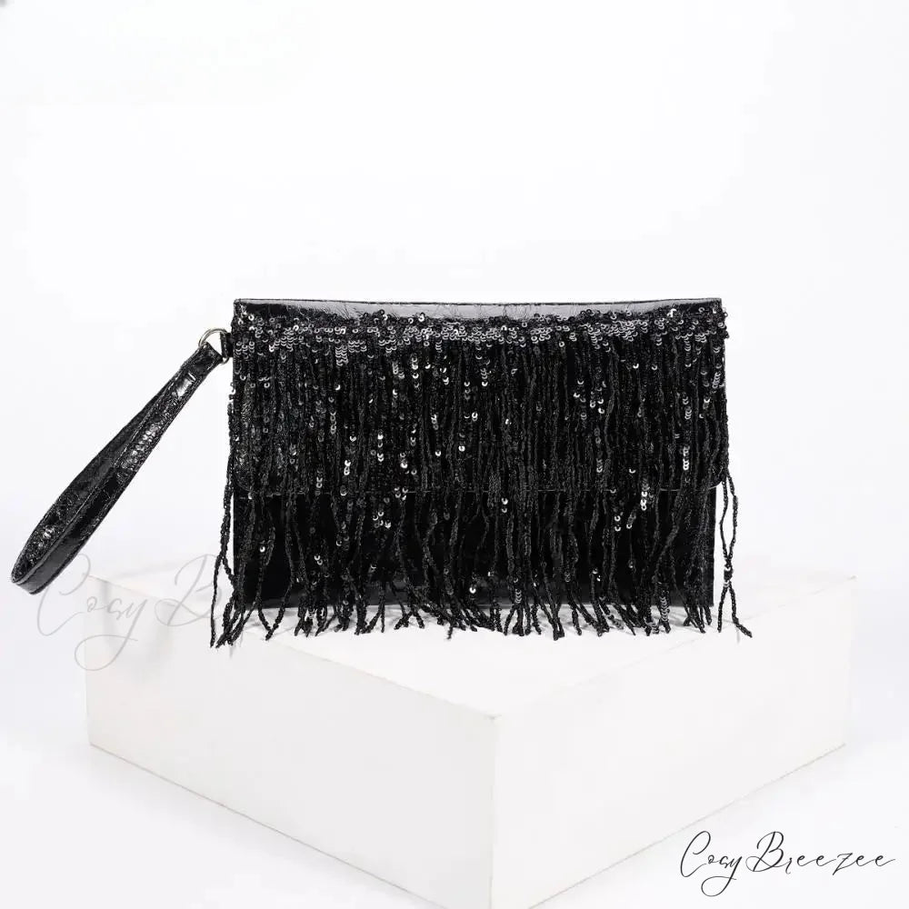 Silver Sequin Rhinestone Evening Clutch Black wristlet-250126