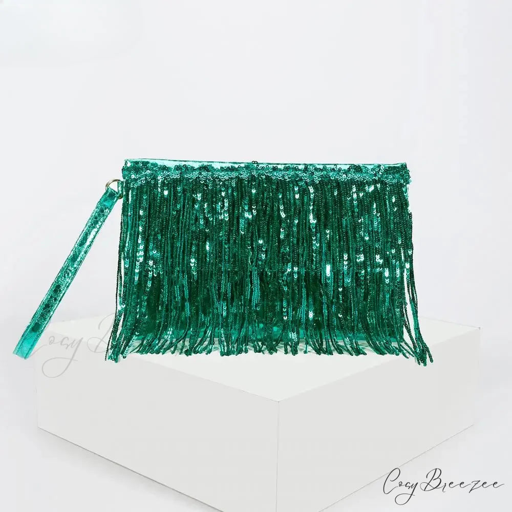 Silver Sequin Rhinestone Evening Clutch Green wristlet-250126