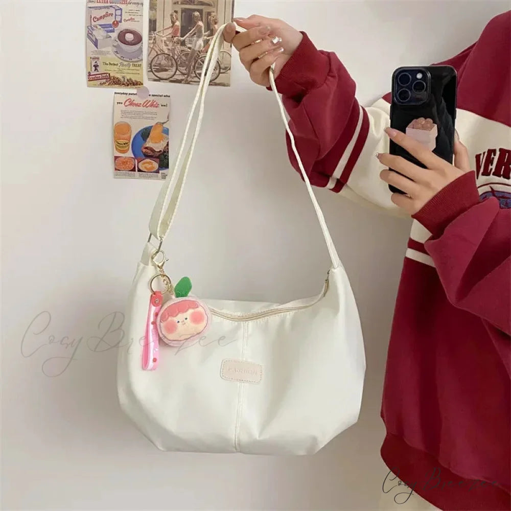 Simple College Style Nylon Large Crossbody White / No plush pendant crossbody-250126