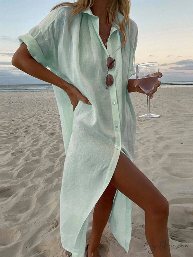 Simple Concept Stylish Maxi Shirt Dress Green / S
