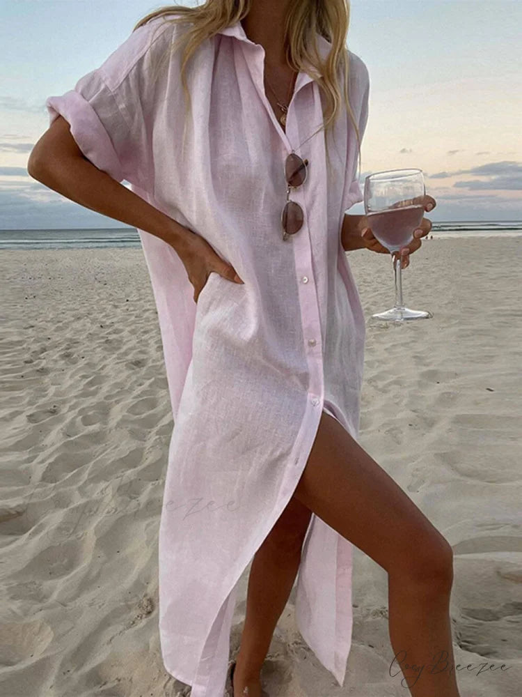 Simple Concept Stylish Maxi Shirt Dress Pink / S