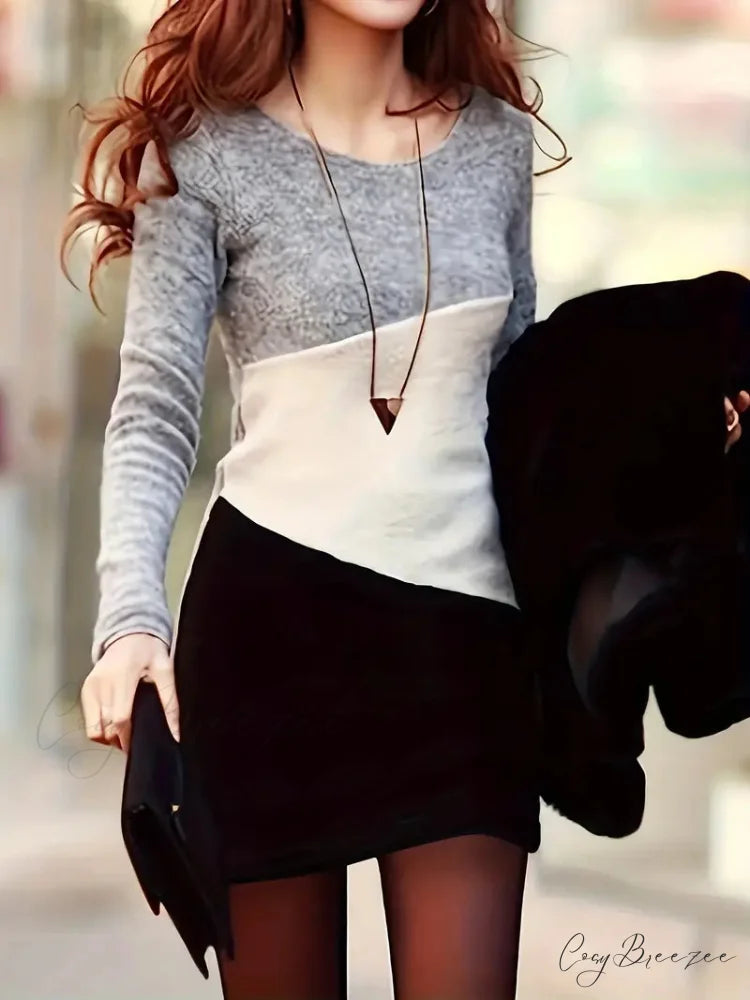 Simple Crew Neck Long Sleeve Dress with Color Block Design S / Brown