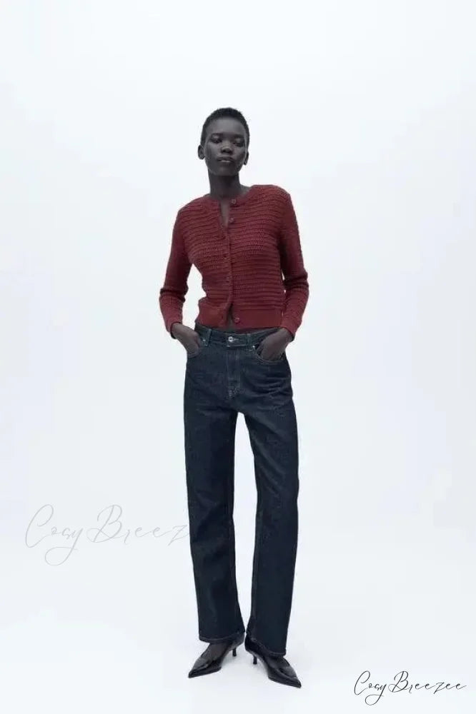 Simple Informal Textured Round Neck Cardigan cardigans-241228