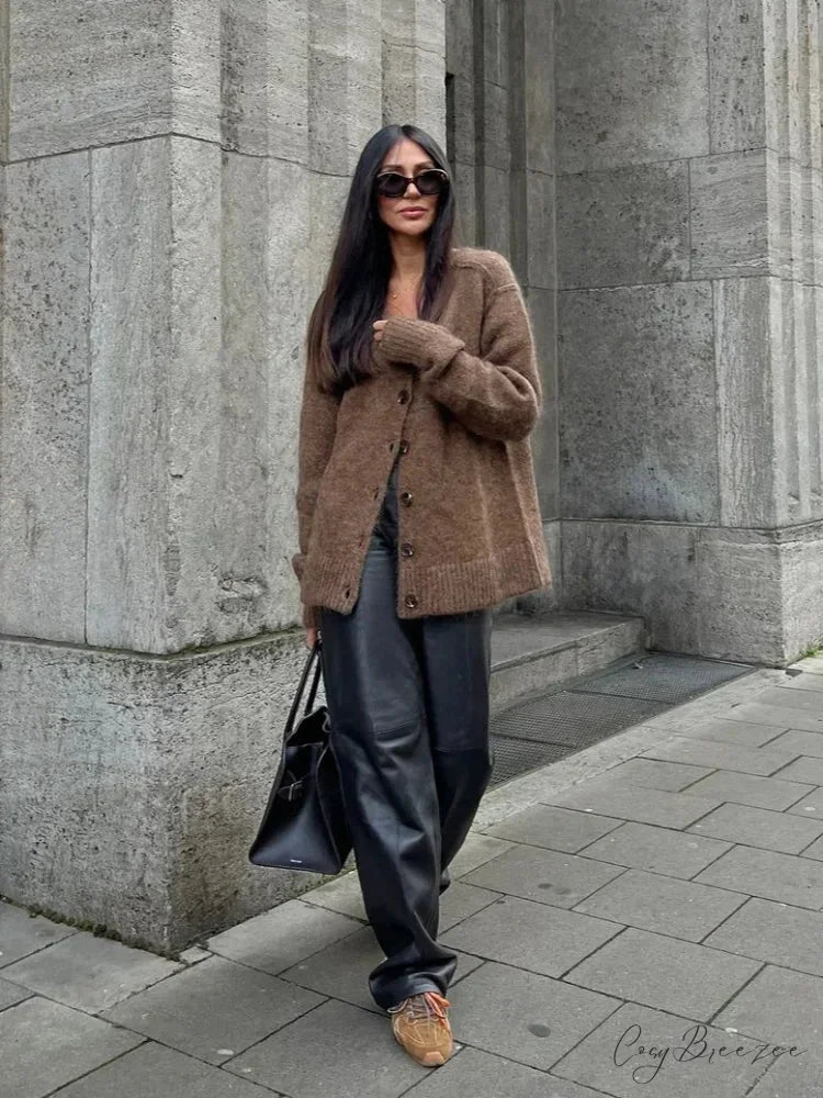 Simple V-neck Mohair Loose Cardigan cardigans-241228