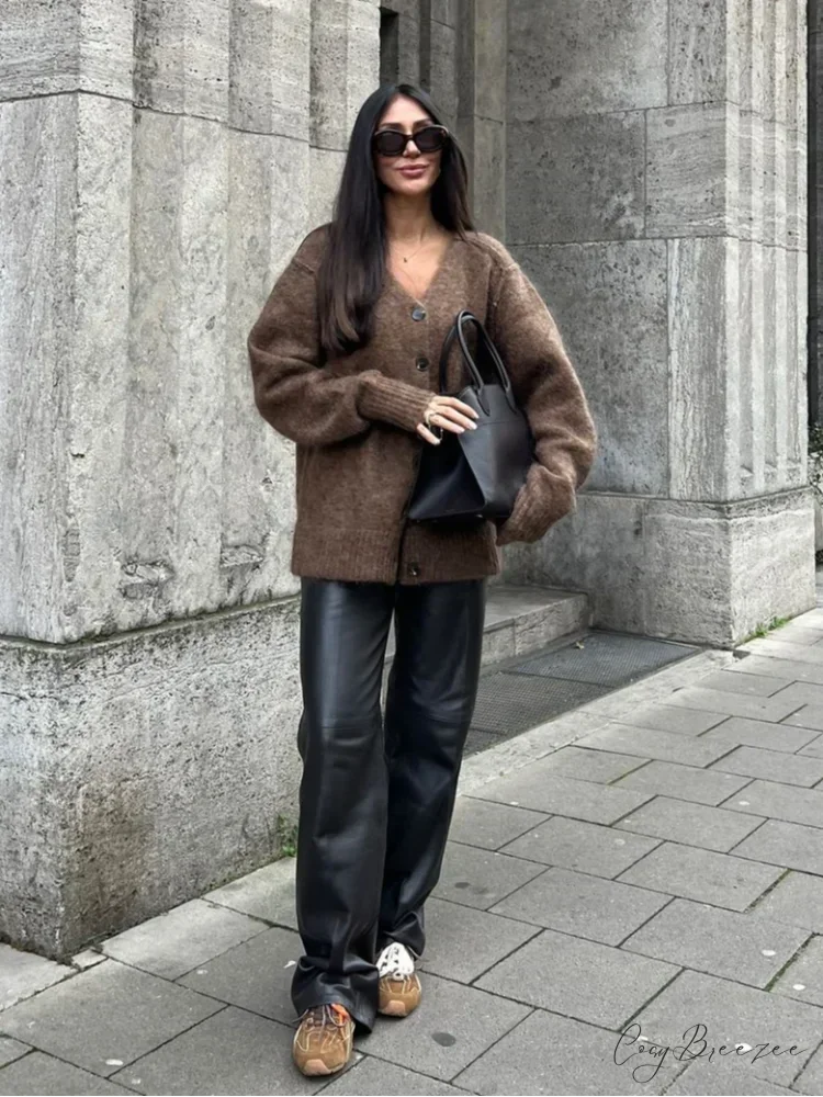 Simple V-neck Mohair Loose Cardigan cardigans-241228