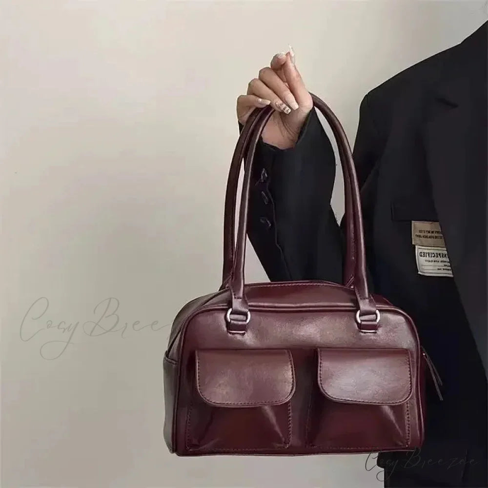 Simple Vintage Business PU Bag Burgundy / 28x16x10cm shoulder-250126