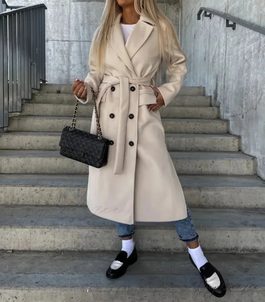 Simple Woolen Long Sleeved Lapel Coat Beige / M overcoats-241228