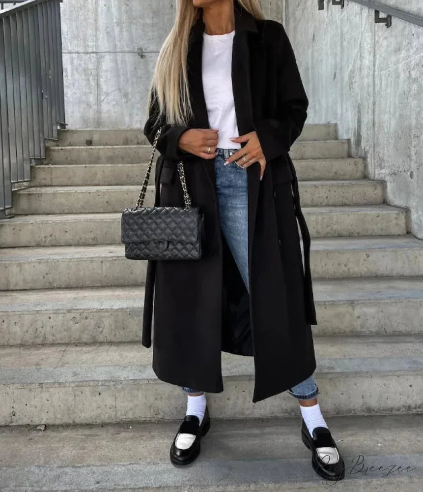Simple Woolen Long Sleeved Lapel Coat Black / M overcoats-241228