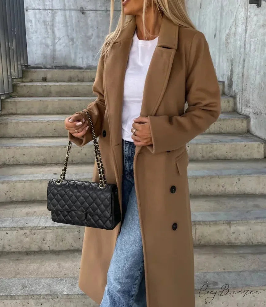 Simple Woolen Long Sleeved Lapel Coat Brown / M overcoats-241228