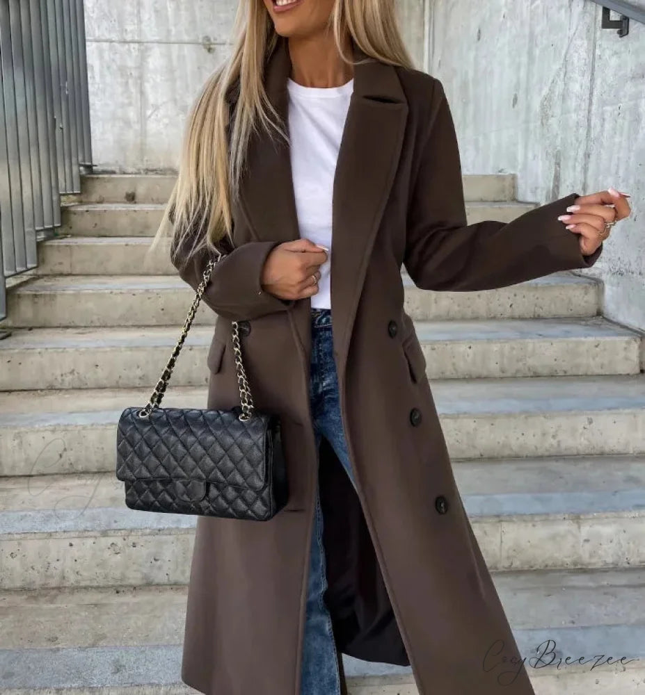 Simple Woolen Long Sleeved Lapel Coat coffee / M overcoats-241228