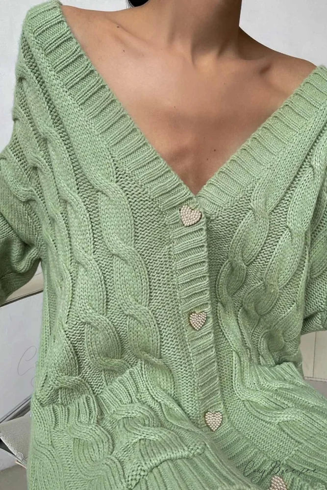 Single-breasted Knit Cable Cardigan Green / L