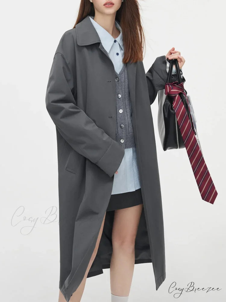 Single Breasted Korean Design Sense Contrasting Color Medium Long Stylish Coat