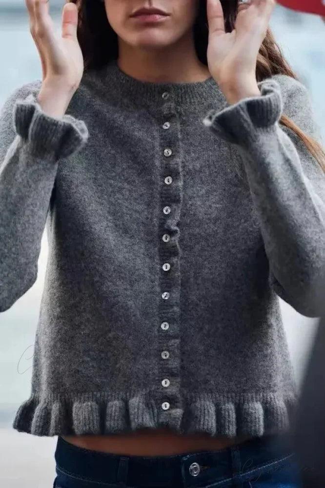 Single Breasted Ruffled Round Neck Cardigan Dark Grey / S cardigans-241228