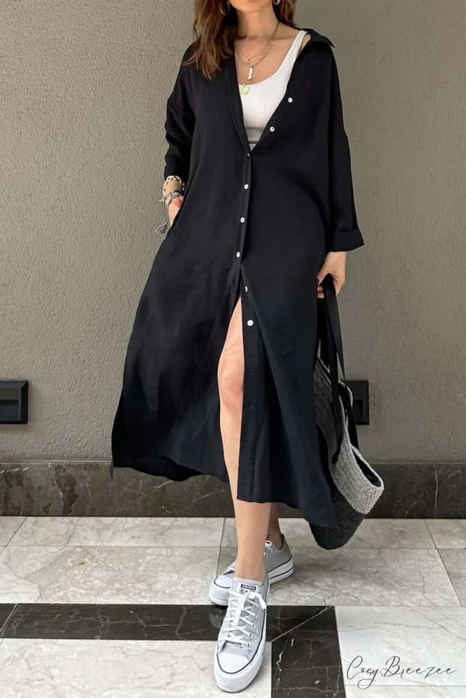 Single-breasted Slit Shirt Dress in Solid Color Black / L