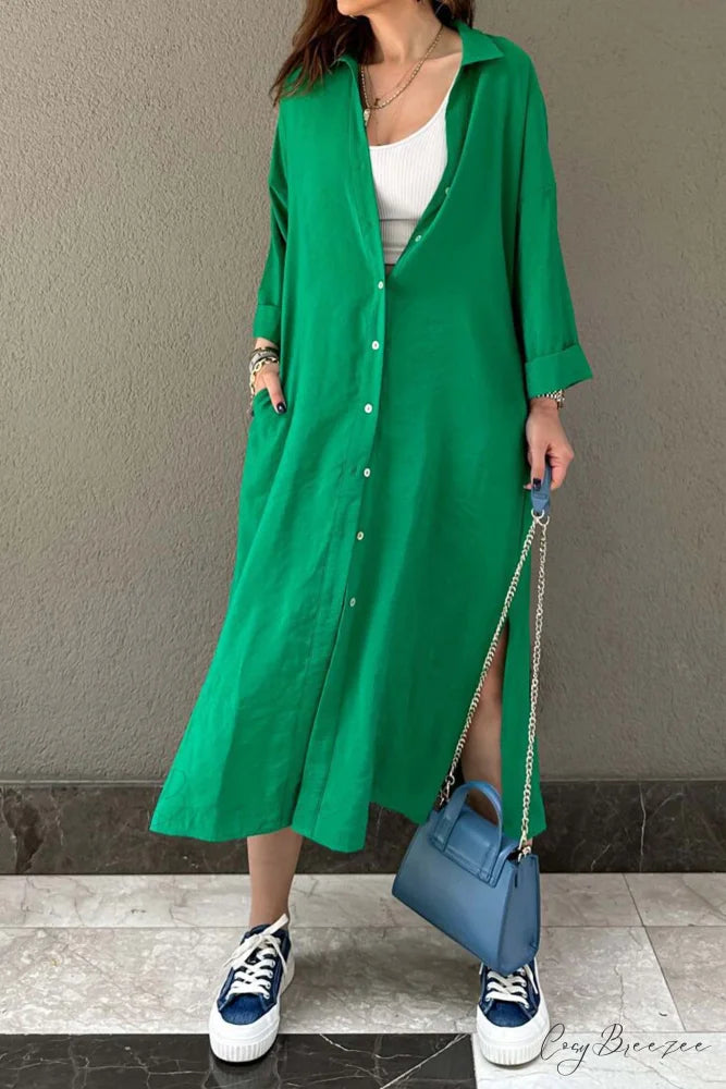 Single-breasted Slit Shirt Dress in Solid Color Green / M